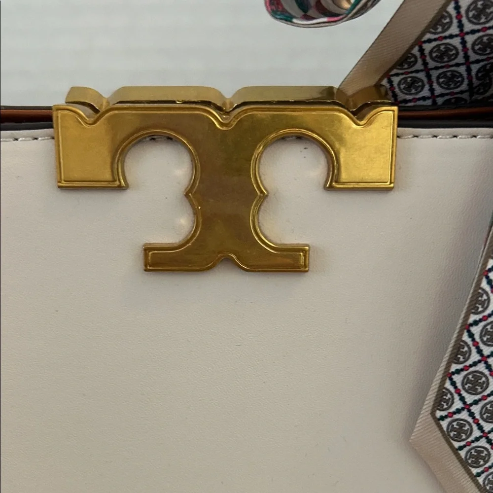 Tory Burch $700 Cream Eleanor Spazoletto Satchel with Gold Logo and Ribbon
